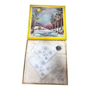 Vintage Swiss Style Orlana Embroidered Linen Handkerchief Set Elegant Gift Box